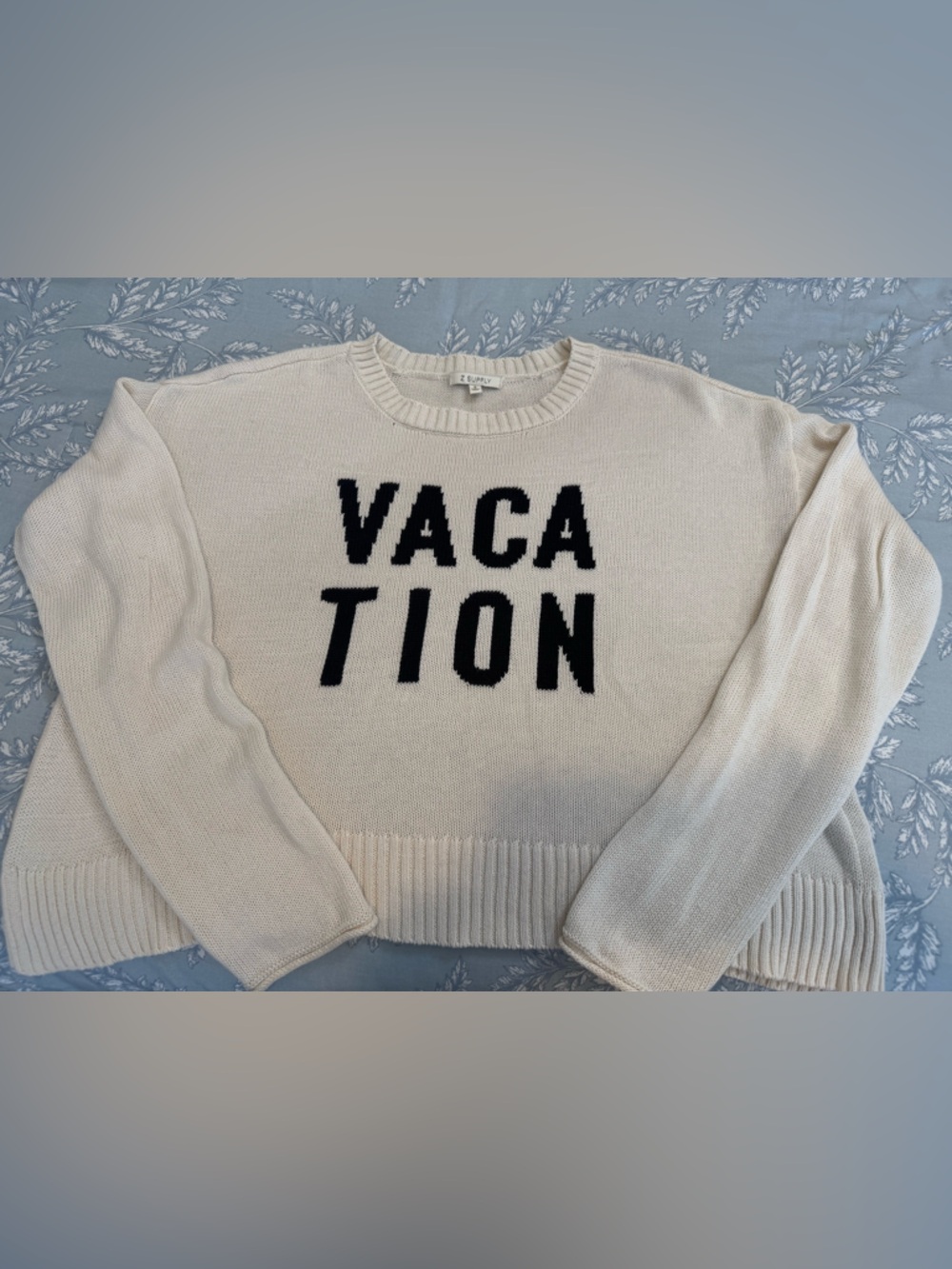 Cream Z Supply “VACATION" Knit Sweater with Black Lettering